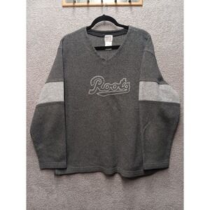 Roots Athletics Fleece Pullover Gray Logo V Neck Sweater Size XL Y2K